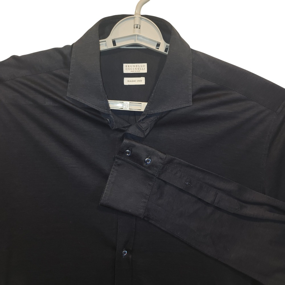 Brunello Cucinelli Mens Silk Cotton Button Up Shirt Black/Navy Blue IT 58 XXL